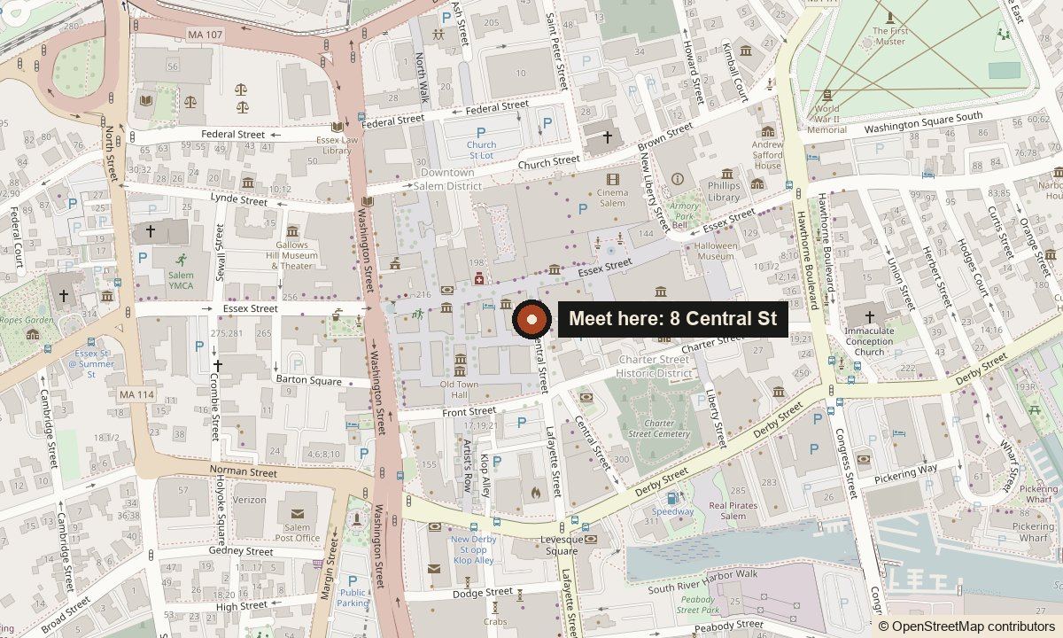 Map of downtown Salem with a pin at 8 Central Street, just south of Essex Street near Old Town Hall